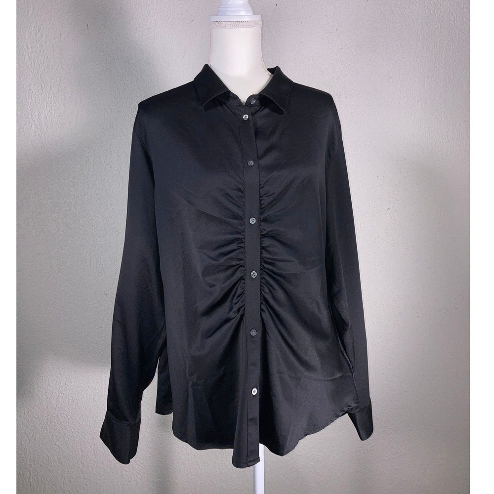 Gap Black Satin Ruched Button-Down Blouse NWT Size XL | Chic Office-Core